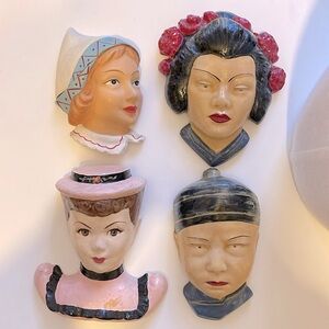 Vintage Set of 4 Funky Handpainted Chalk Head Wall Hangings